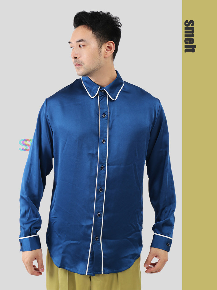 smelt炼自制原创复古睡衣风天丝麻湖蓝色男士滚边垂感光泽衬衣
