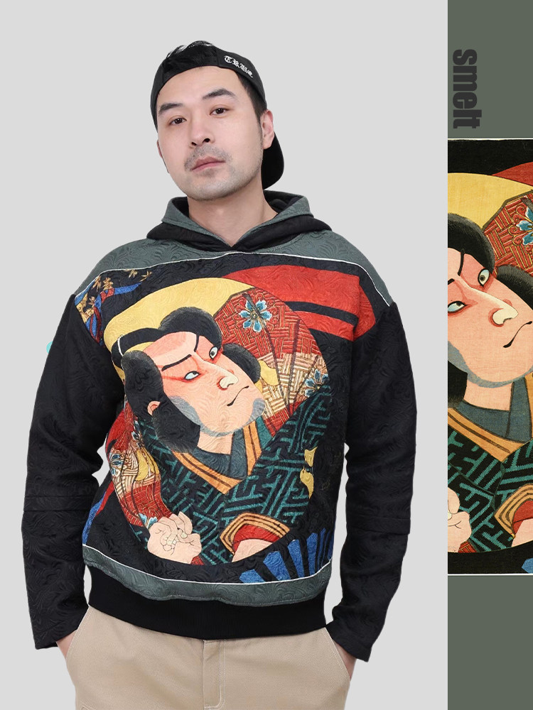 smelt炼自制压花日式和风浮世绘武士暗纹浮雕提花复古连帽卫衣男