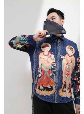 SMELT炼  中式原创设计 国潮衬衫 蓝色春季佛像孔雀复古廓形衬衣