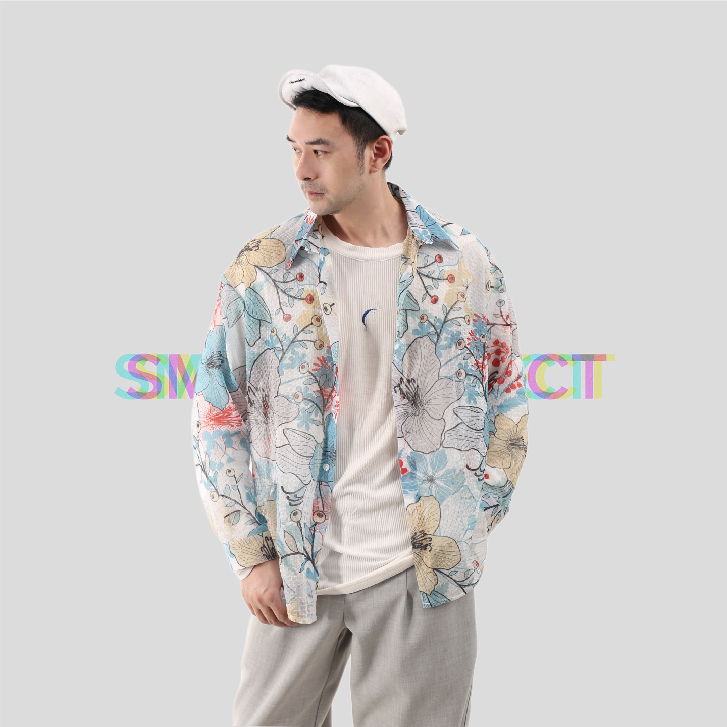 smelt炼度假风薄纱衬衣男原创小众设计复古透视防晒花卉长袖衬衣