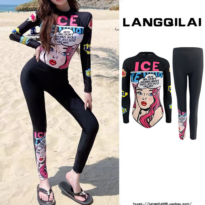 韩国潜水服女连体显瘦长袖冲浪服卡通浮潜湿衣学生温泉防晒游泳衣