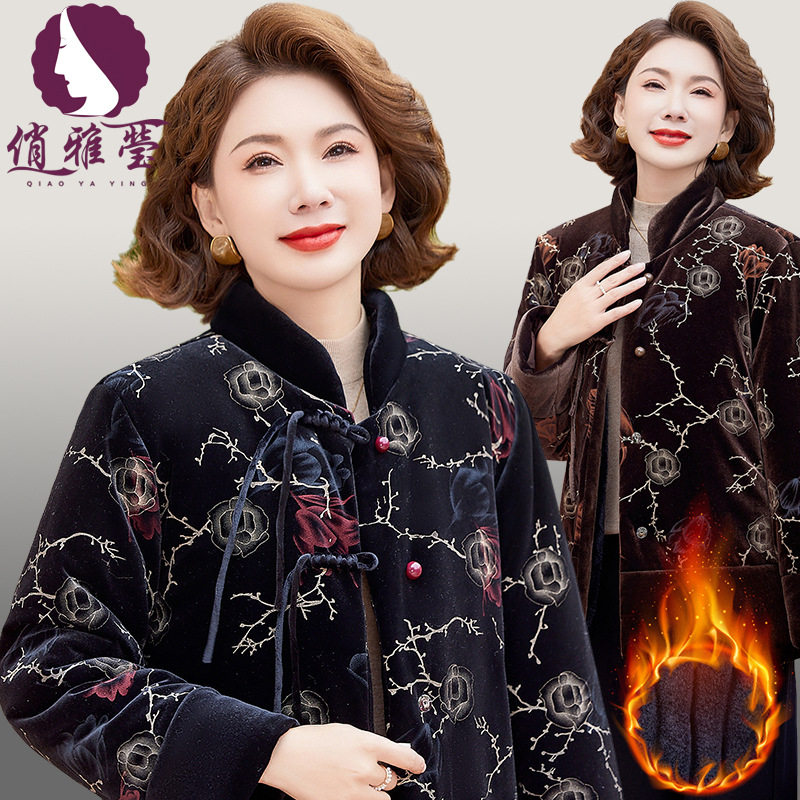 俏雅莹冬季新款妈妈装印花仿貂绒短款大衣气质阔太太印花加绒外套