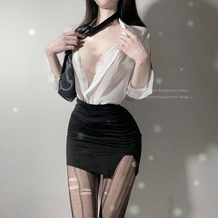 大码性感睡衣透明秘书短裙套装衬衫制服胖MM火辣暴露女装夜店睡裙