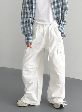 春秋韩版时髦松弛感阔腿裤复古皱褶设计感男白色工装士休闲拖地裤