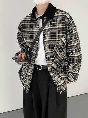 韩版复古时髦飞行员短款格子夹克