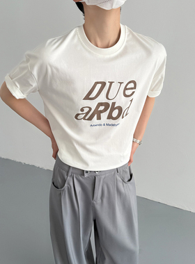 夏季韩版时髦高级感cleanfit复古字母印花短袖t恤男士宽松圆领TEE