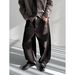 春秋韩版时髦高级感cleanfit复古黑色宽松牛仔裤男士原牛立体长裤