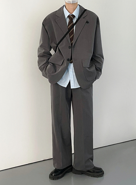 SF/新品韩版痞帅时髦出勤休闲西装外套男士宽松灰色帅气西服套装