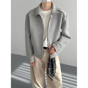 春秋季韩版时髦高级感cleanfit出勤灰色卫衣男士短款宽松翻领外套