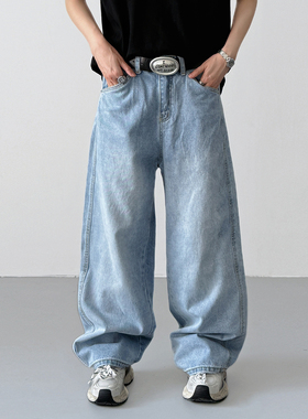 S/FACE韩版时髦复古vintage经典蓝色休闲牛仔裤男士阔松弯刀裤潮