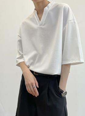 夏季新款韩版chic风清新白色短袖T恤衫男冰丝棉品质V领性感体恤衫