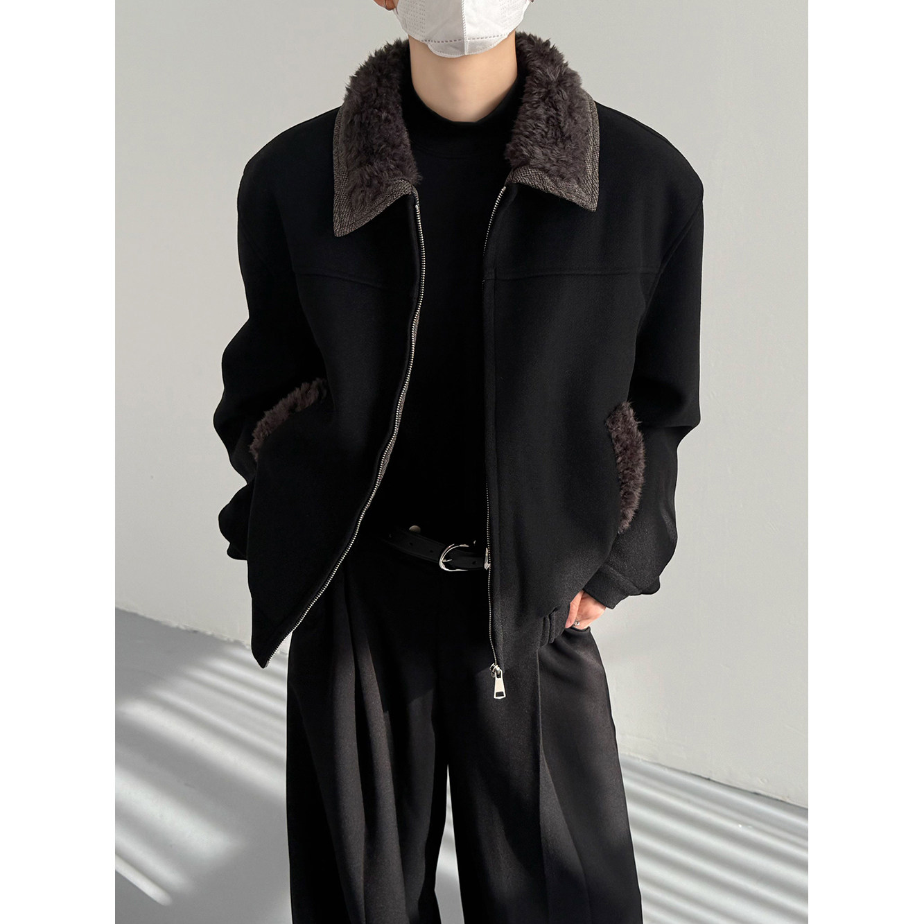 冬季韩版时髦老钱风高级毛领拼接假两件夹克棉衣男士宽松短款外套