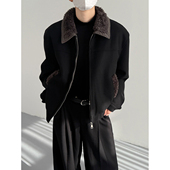 冬季 外套 宽松短款 韩版 时髦老钱风高级毛领拼接假两件夹克棉衣男士