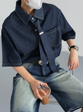 S/FACE夏季韩版时髦高级感复古蓝色牛仔衬衫男士宽松出勤痞帅衬衣