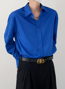 SF/新品潮流韩版时髦高级痞帅蓝色长袖衬衫男士出勤休闲商务衬衣