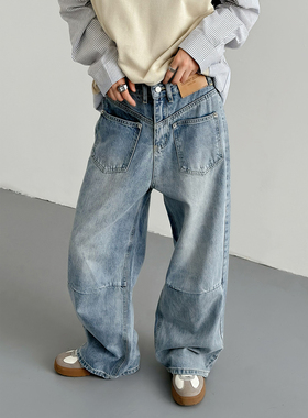 春秋韩版时髦复古设计师款平口袋蓝色牛仔裤男士宽松阔腿拖地裤