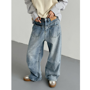 春秋韩版时髦复古设计师款平口袋蓝色牛仔裤男士宽松阔腿拖地裤