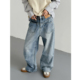 时髦复古设计师款 平口袋蓝色牛仔裤 男士 春秋韩版 宽松阔腿拖地裤