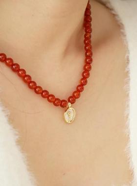 安可拉红蝴蝶结耳钉轻奢耳环小众设计红色玛瑙耳饰项链饰品锁骨链