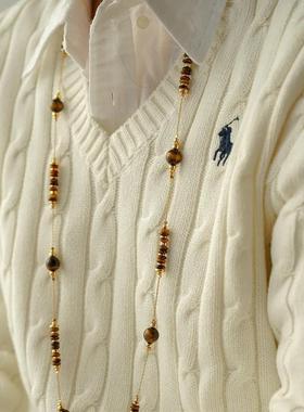 双层叠戴女项链虎眼石轻奢复古毛衣链饰品原创设计天然石圆珠链