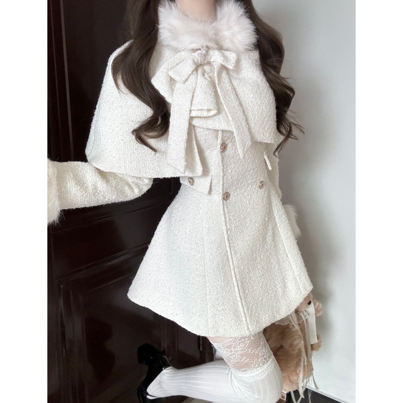 富家千金白色小香风套装女秋冬季蝴蝶结收腰斗篷夹棉连衣裙两件套