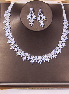 轻奢网红麦穗简约时尚锆石耳环项链套装礼服晚宴新娘配饰锁骨链