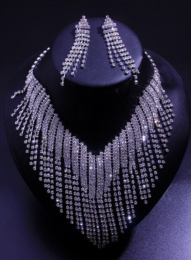 项链女锁骨链ins同款水钻项链套装欧美新娘婚礼流苏首饰necklace
