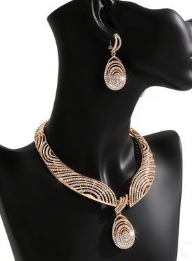 镂空水晶项链耳环套装吊坠锁骨链