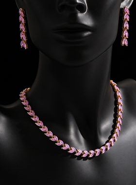 粉色果冻水晶耳环装饰项链套装