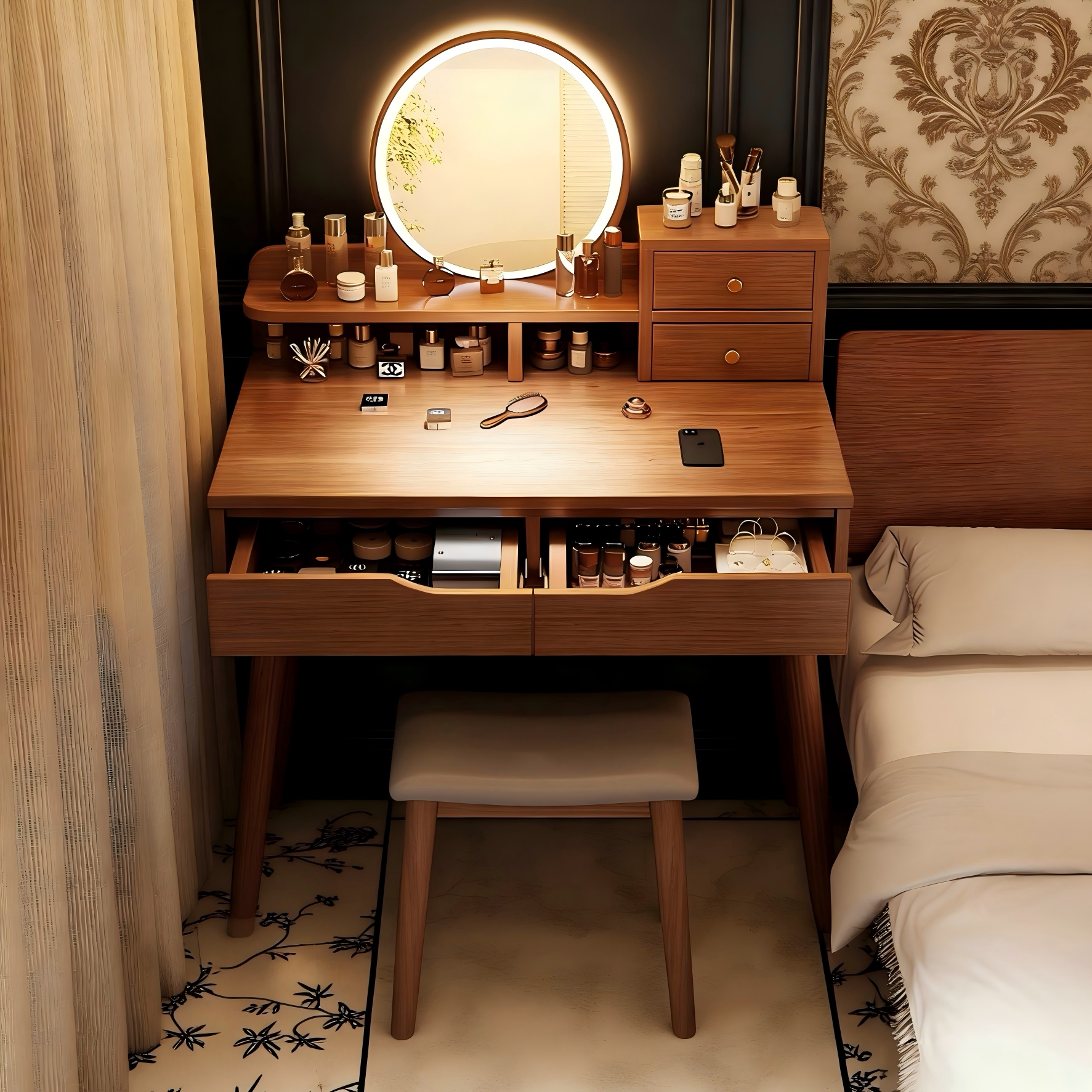 梳妆台卧室家用现代简约带镜子化妆桌小户型2026新款小型电脑桌子