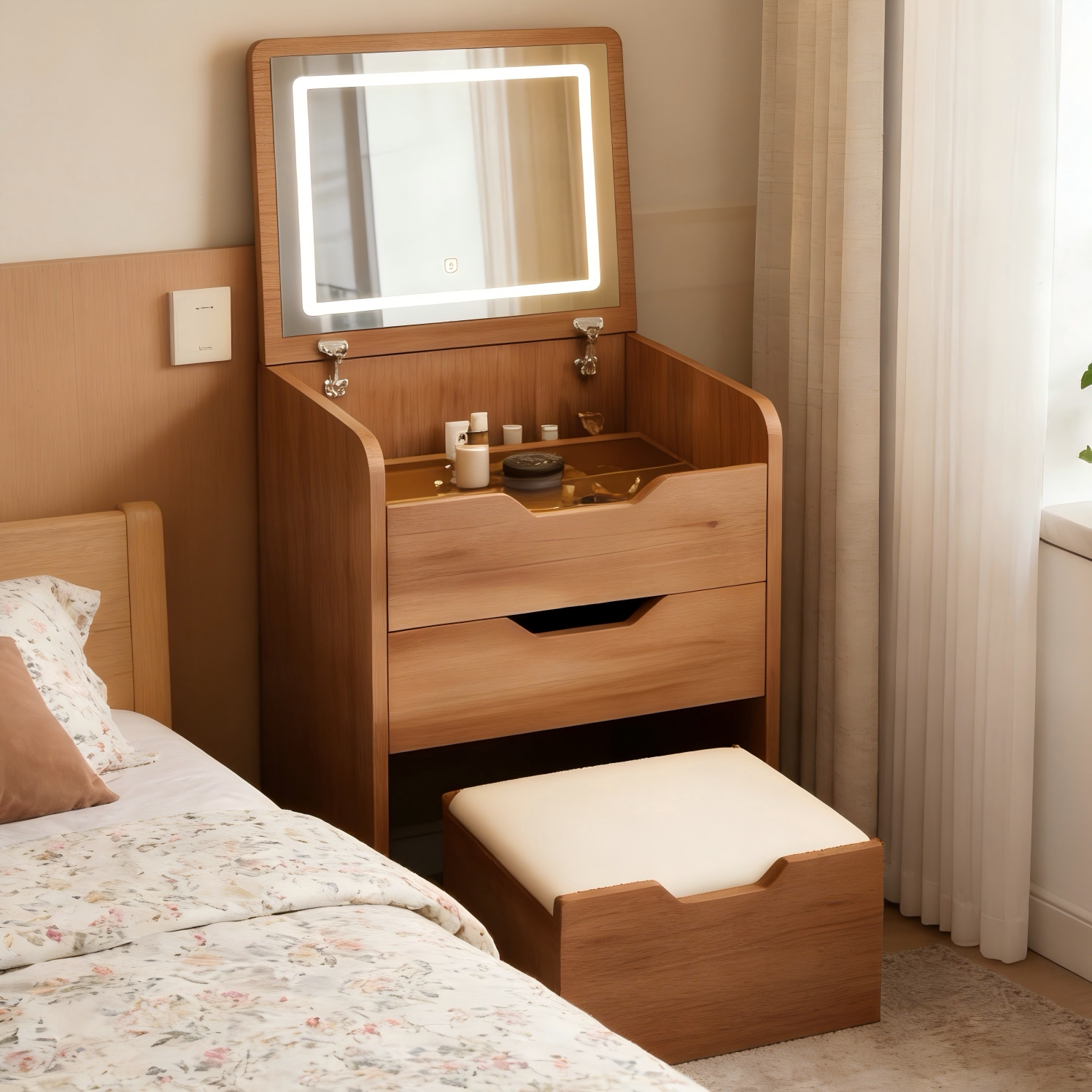 梳妆台小户型中古风卧室翻盖化妆桌化妆镜一体2026新款收纳书桌子