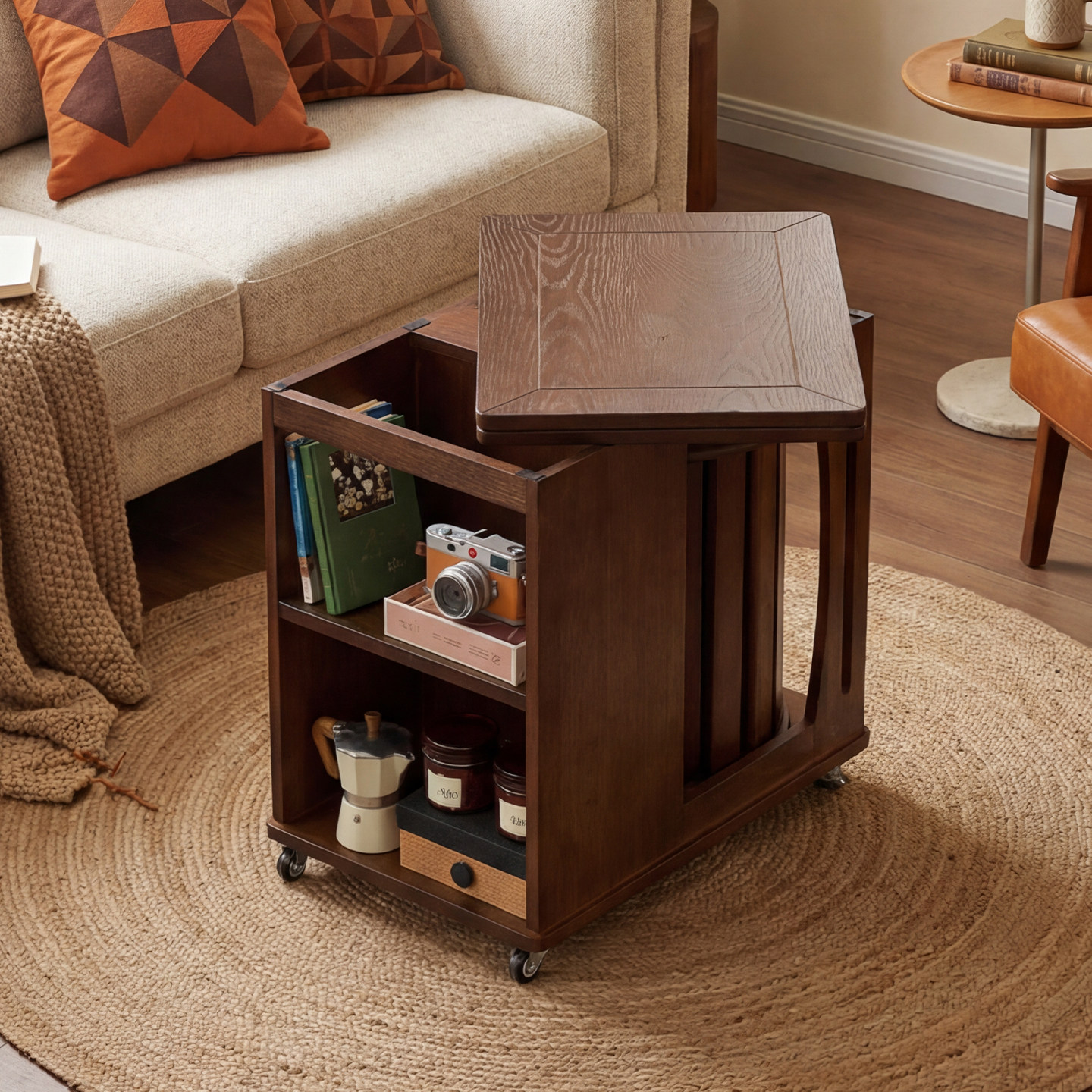 实木沙发边柜侧柜小户型可移动折叠边几小推车中古风客厅家用茶几