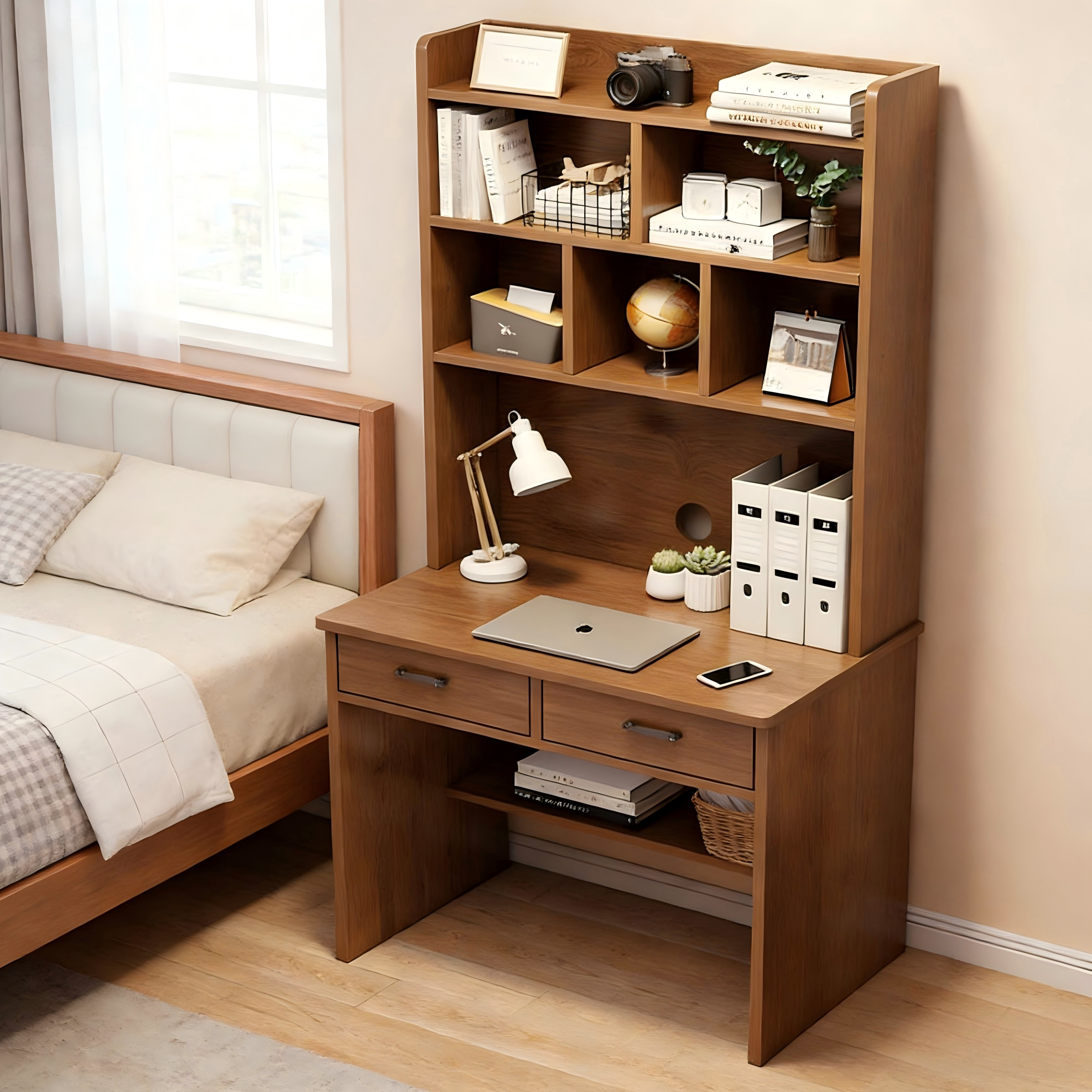 实木书桌书架一体桌子小户型学生家用学习写字桌椅组合台式电脑桌