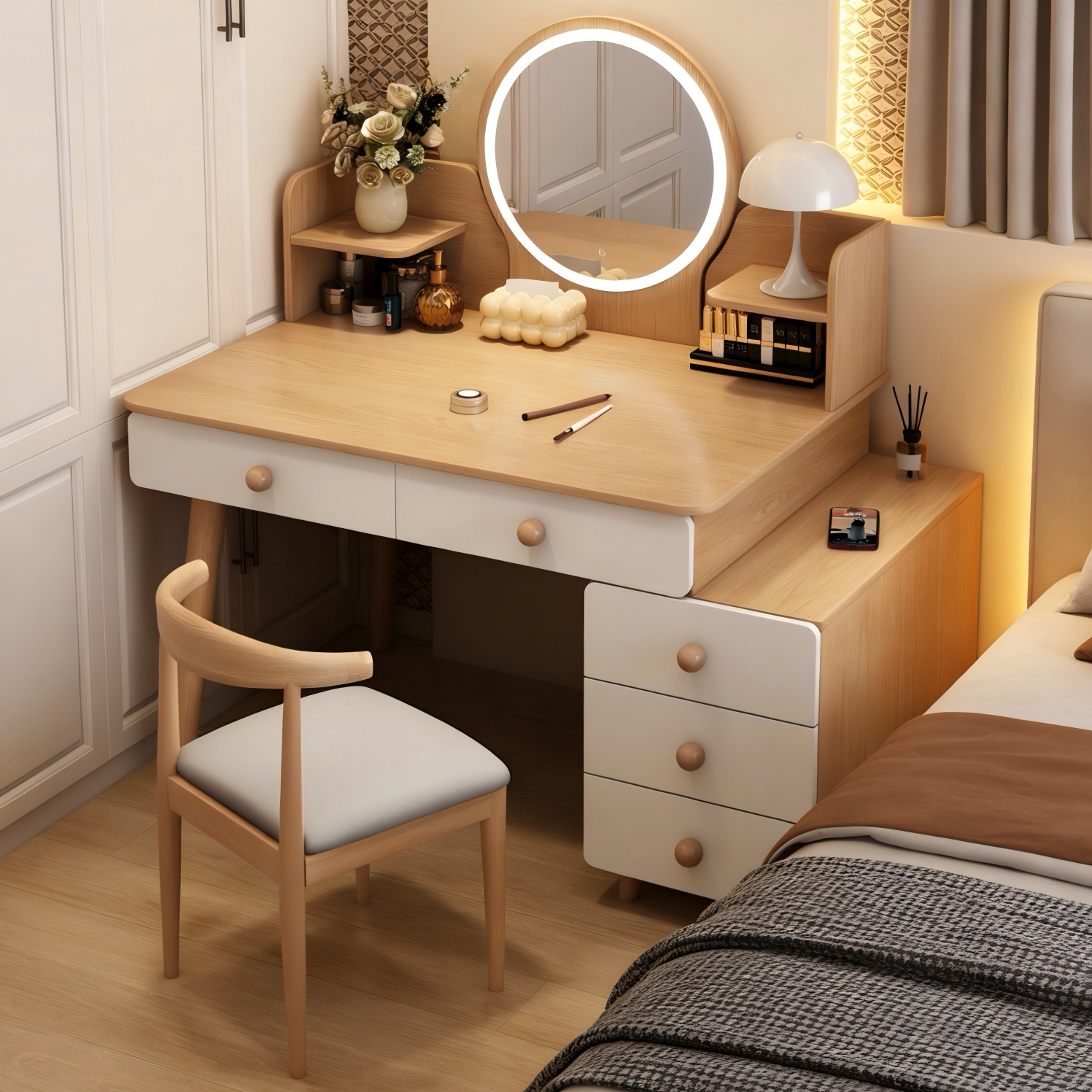 梳妆台斗柜一体2026新款卧室化妆桌现代简约小户型储藏收纳书桌子