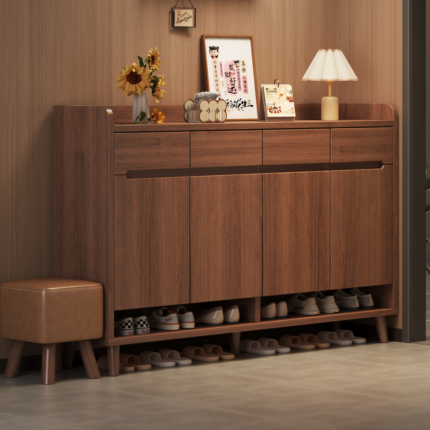 鞋柜家用门口新款室内新中式玄关落地鞋架入户靠墙一体收纳储物柜