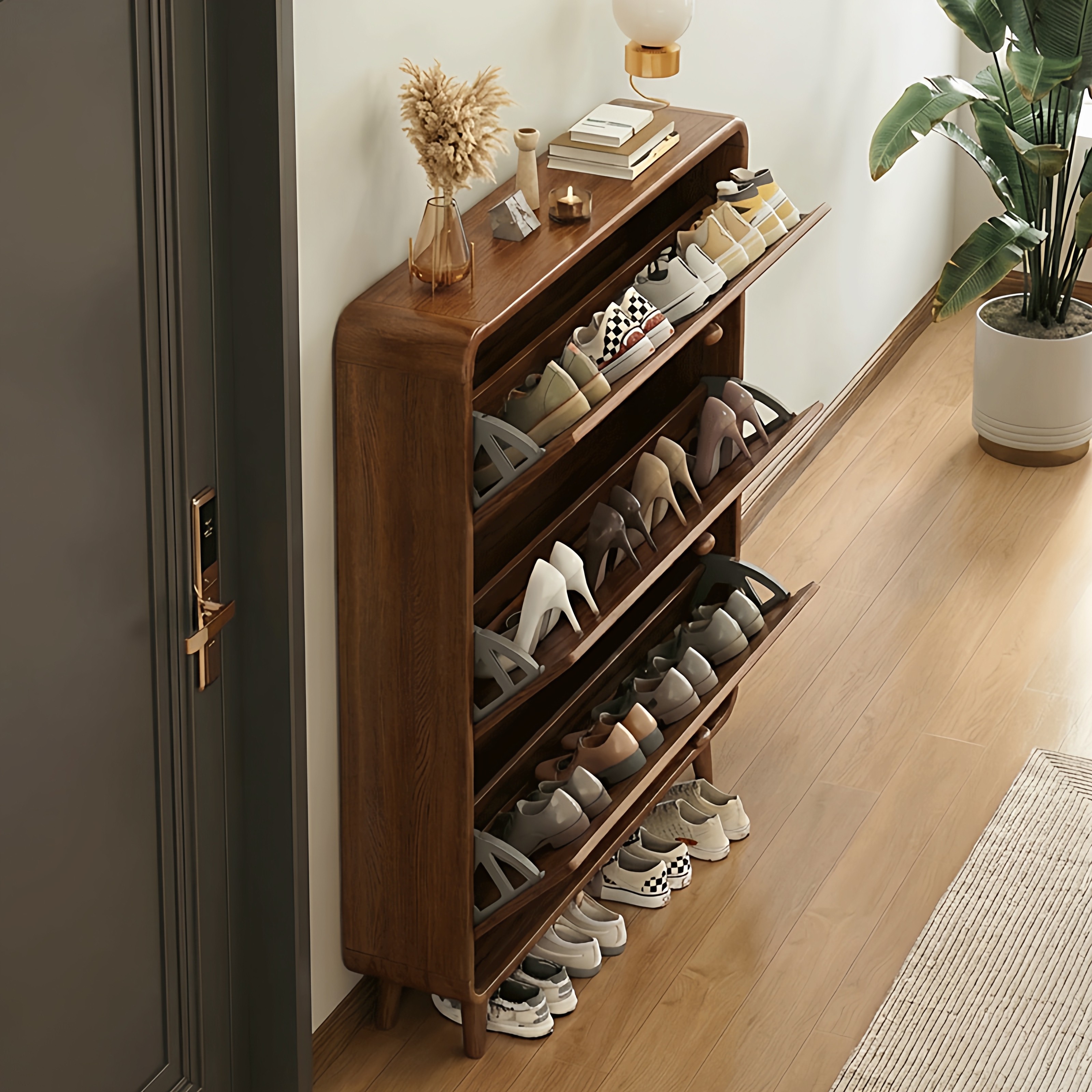 实木鞋柜家用门口2026新款防尘收纳柜靠墙一体玄关窄边储物柜鞋架