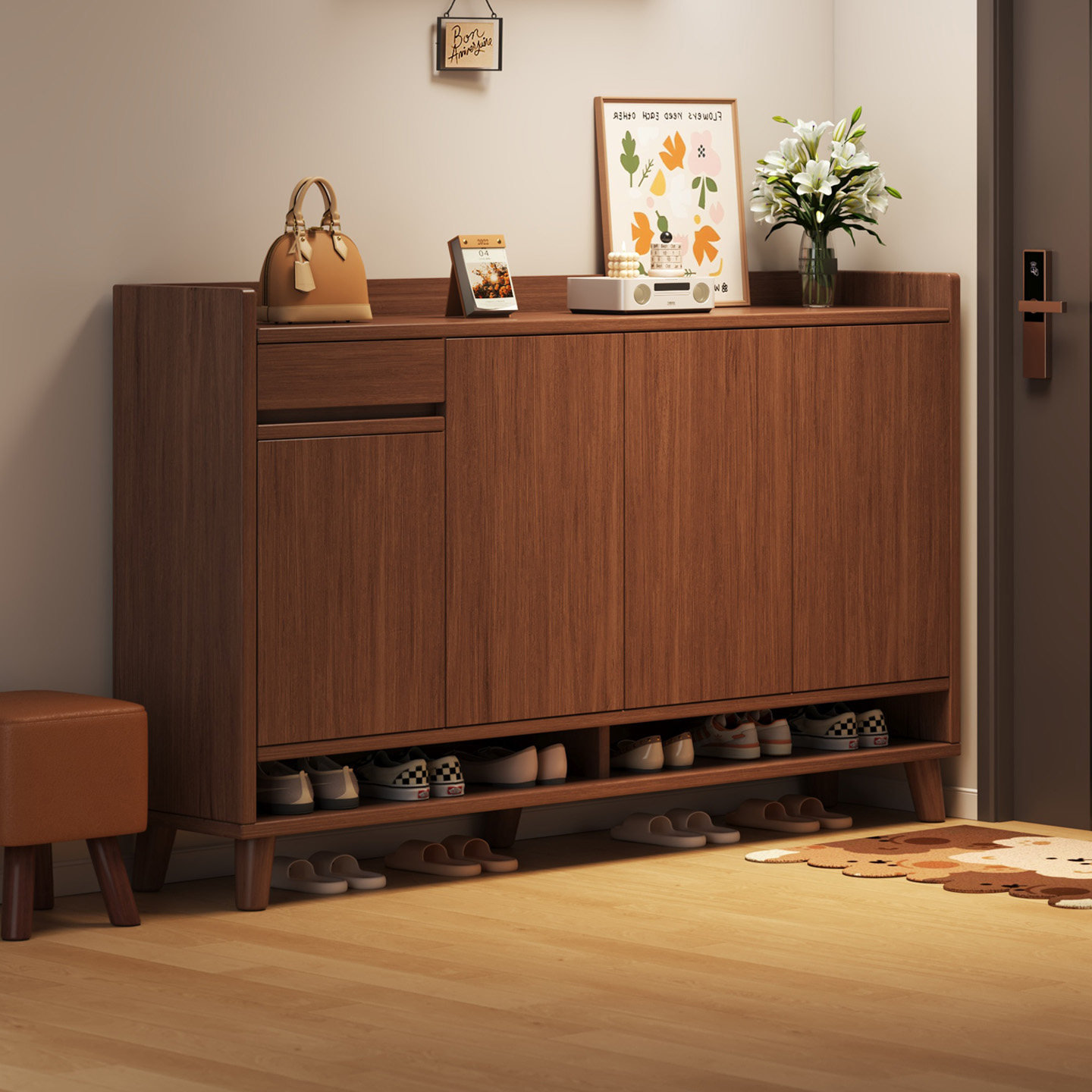 入户鞋柜家用门口收纳柜一体靠墙中古风实木鞋架小户型玄关储物柜,住宅家具,鞋柜,淘宝优惠券,粉丝福利购,淘宝优惠卷