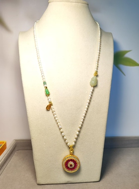 天然淡水珍珠毛衣链4+米珠极光精工满钻红刚玉吉祥八宝罗盘双面款