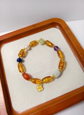 波罗的海金花珀随形长桶珠手串鲜艳明黄色天然琥珀爆花多宝配饰