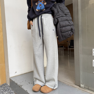 女秋冬两穿束脚抽绳宽松运动阔腿卫裤 暖暖过冬 浅灰加厚绒休闲裤