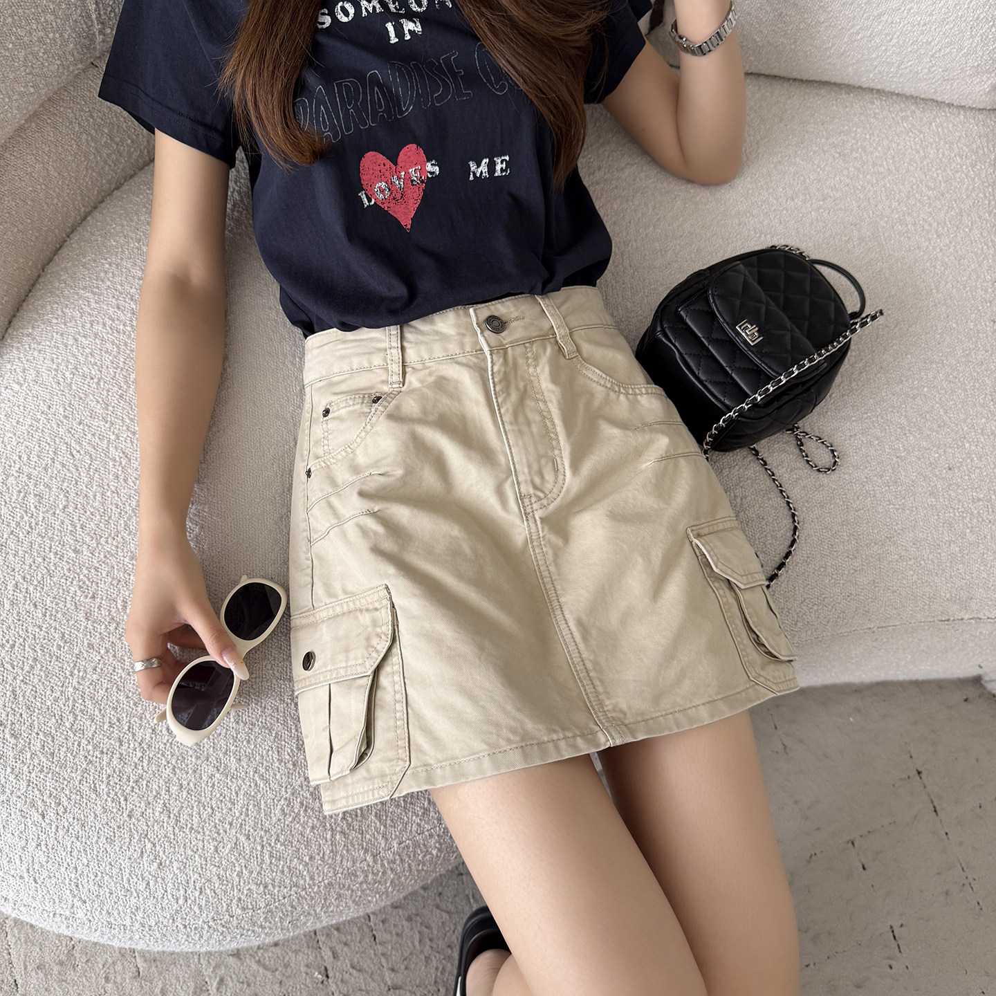 德贤兼备~卡其色纯棉工装半身裙女2026夏薄款新款通勤百搭短裙子