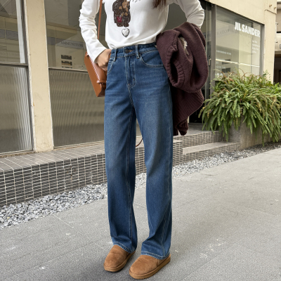 冬天也很瘦~超显瘦窄版加绒牛仔裤女秋冬直筒显瘦四面弹阔腿长裤