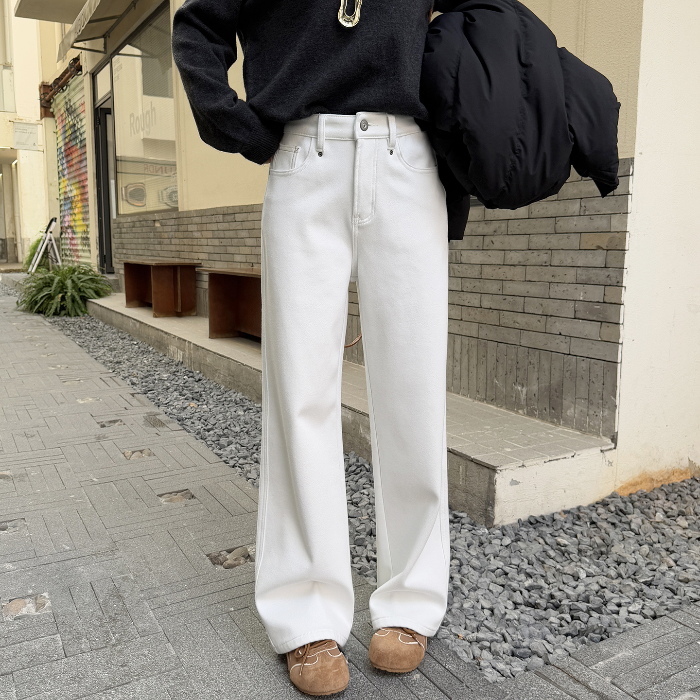 镇店裤型必入~亲肤白色直筒牛仔裤女秋冬新加绒高腰宽松阔腿长裤