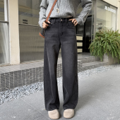 直筒显瘦宽松阔腿裤 女冬2025新款 烟灰色弯刀加绒牛仔裤 很难不爱