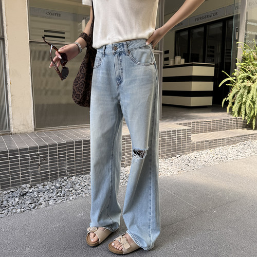 闭眼入~莱赛尔破洞牛仔裤女夏薄款2026年新款直筒宽松拖地阔腿裤