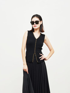 小香风针织背心2023春秋杨子纱显瘦V领链条精纺羊毛无袖上衣女