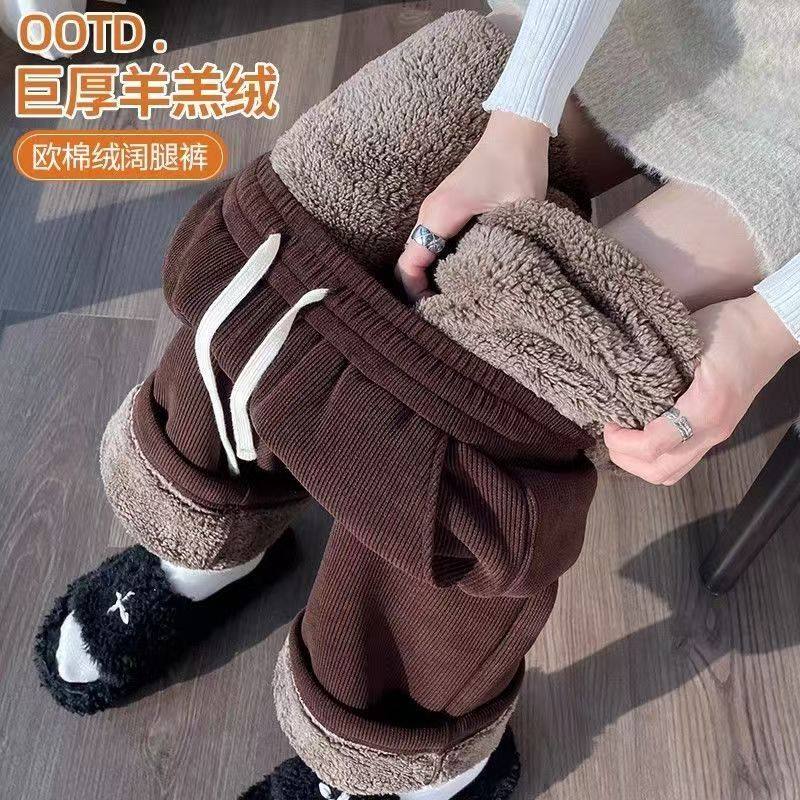 东北巨厚羊羔绒阔腿裤女冬款加绒保暖直筒裤大码80-300斤零下可穿