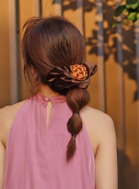 Mell手工丝绒发圈小香风黑色珍珠饰高质感山茶花时尚马尾头饰网红