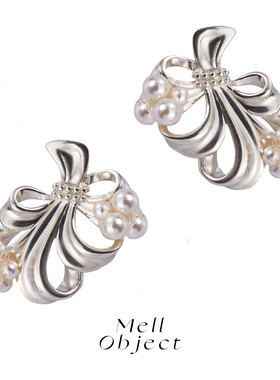 Mell原创设计「珍珠丝带」耳环夹银针少女精致复古蝴蝶结可爱简约