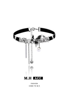 黑色蝴蝶项圈女批发百搭小众高级感轻奢项链嘻哈辣妹个性珍珠项饰